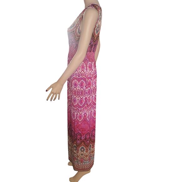 Mlle Gabrielle Size M Smocked Maxi Dress Pink Paisley Surplice Wrap Boho - Picture 3 of 9